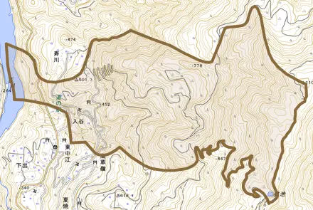 入谷とその周辺の地図。町の範囲を重ねている