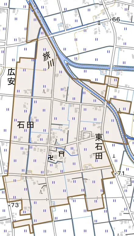 石田とその周辺の地図。町の範囲を重ねている