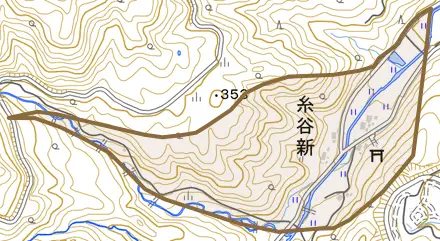 糸谷新とその周辺の地図。町の範囲を重ねている