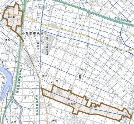 岩武新とその周辺の地図。町の範囲を重ねている