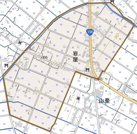 岩屋とその周辺の地図。町の範囲を重ねている
