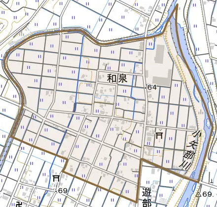 和泉とその周辺の地図。町の範囲を重ねている