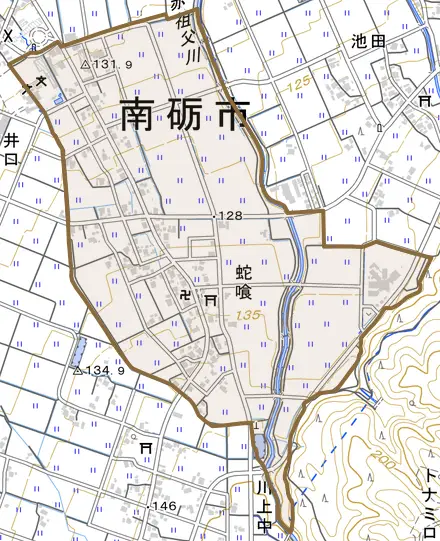 蛇喰とその周辺の地図。町の範囲を重ねている