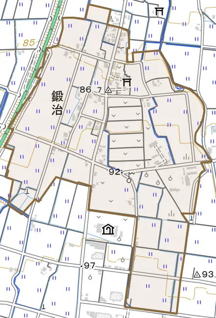 鍛治とその周辺の地図。町の範囲を重ねている