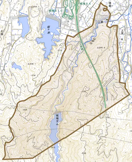 上原とその周辺の地図。町の範囲を重ねている