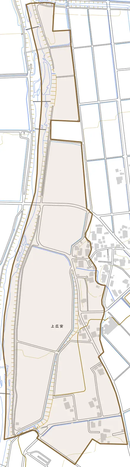 上広安とその周辺の地図。町の範囲を重ねている