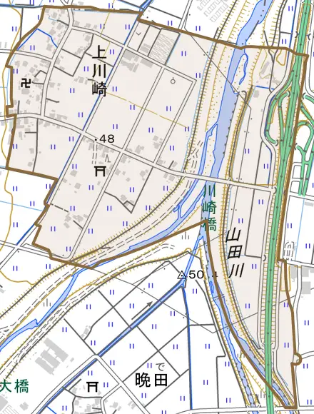 上川崎とその周辺の地図。町の範囲を重ねている