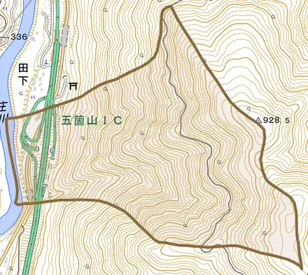 上中田とその周辺の地図。町の範囲を重ねている