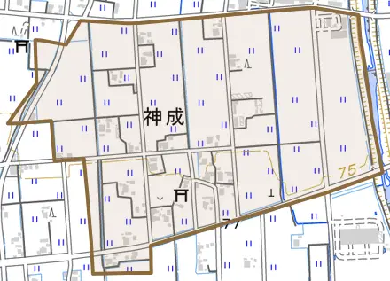 神成とその周辺の地図。町の範囲を重ねている