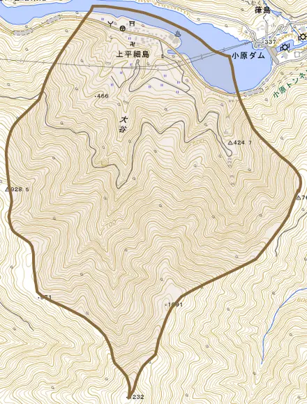 上平細島とその周辺の地図。町の範囲を重ねている