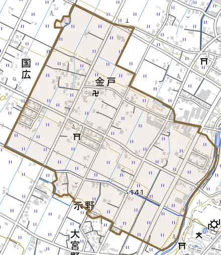 金戸とその周辺の地図。町の範囲を重ねている