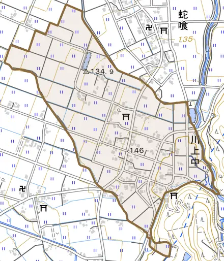 川上中とその周辺の地図。町の範囲を重ねている