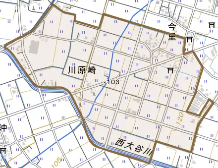 川原崎とその周辺の地図。町の範囲を重ねている