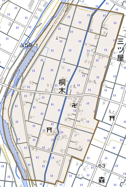 桐木とその周辺の地図。町の範囲を重ねている