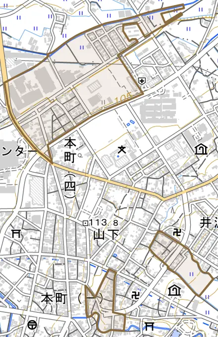 北川とその周辺の地図。町の範囲を重ねている