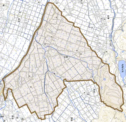 北野とその周辺の地図。町の範囲を重ねている