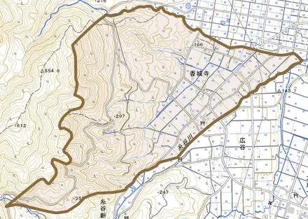 香城寺とその周辺の地図。町の範囲を重ねている