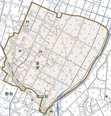 是安とその周辺の地図。町の範囲を重ねている