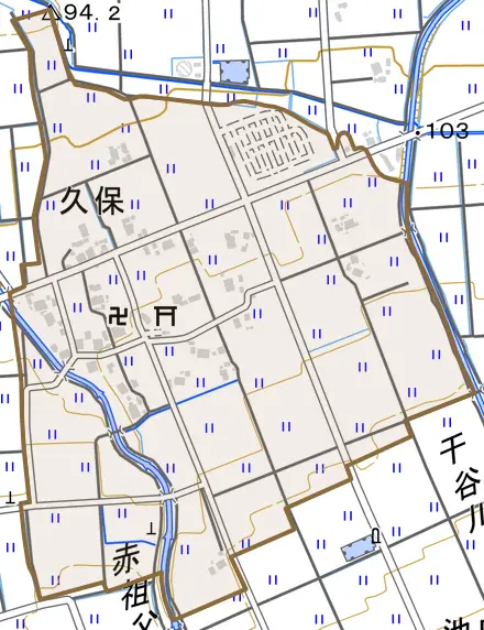 久保とその周辺の地図。町の範囲を重ねている