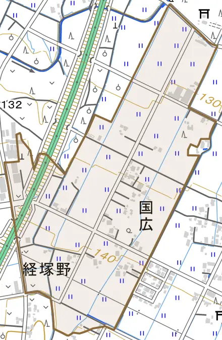 国広とその周辺の地図。町の範囲を重ねている