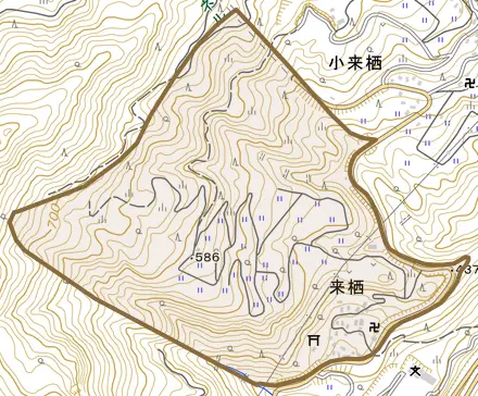来栖とその周辺の地図。町の範囲を重ねている
