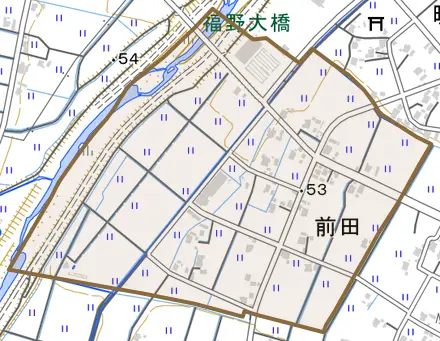 前田とその周辺の地図。町の範囲を重ねている