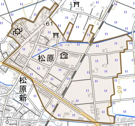 松原とその周辺の地図。町の範囲を重ねている