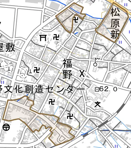 松原新とその周辺の地図。町の範囲を重ねている