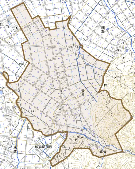 蓑谷とその周辺の地図。町の範囲を重ねている