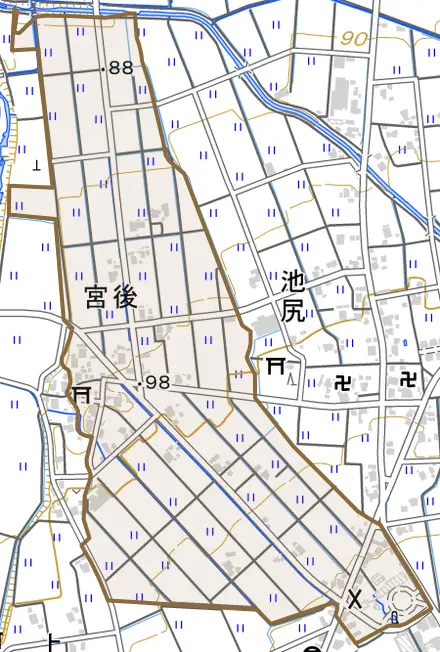 宮後とその周辺の地図。町の範囲を重ねている