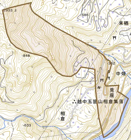見座とその周辺の地図。町の範囲を重ねている