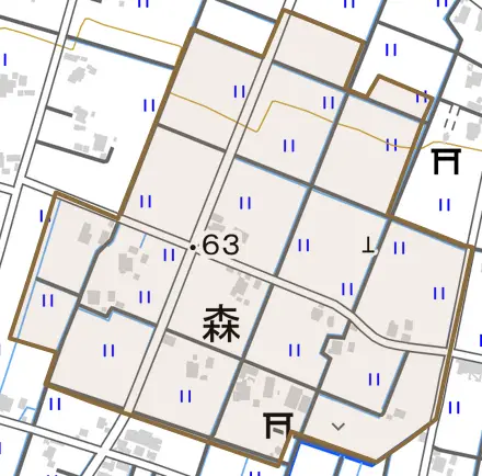 森とその周辺の地図。町の範囲を重ねている