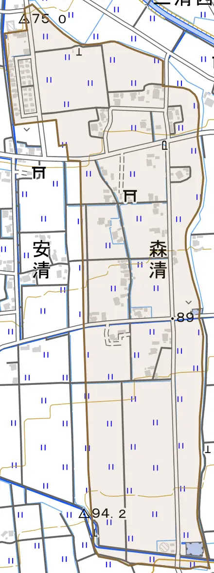 森清とその周辺の地図。町の範囲を重ねている