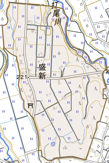 盛新とその周辺の地図。町の範囲を重ねている