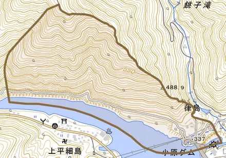 葎島とその周辺の地図。町の範囲を重ねている