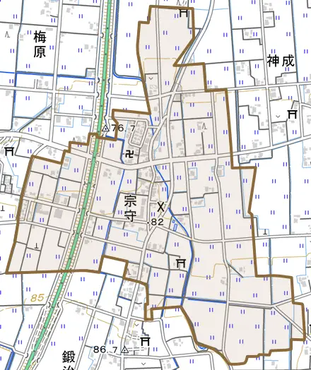宗守とその周辺の地図。町の範囲を重ねている