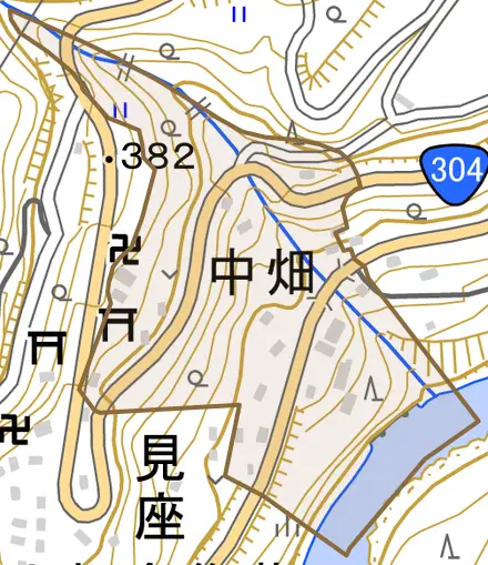 中畑とその周辺の地図。町の範囲を重ねている
