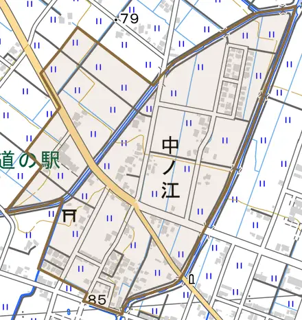 中ノ江とその周辺の地図。町の範囲を重ねている
