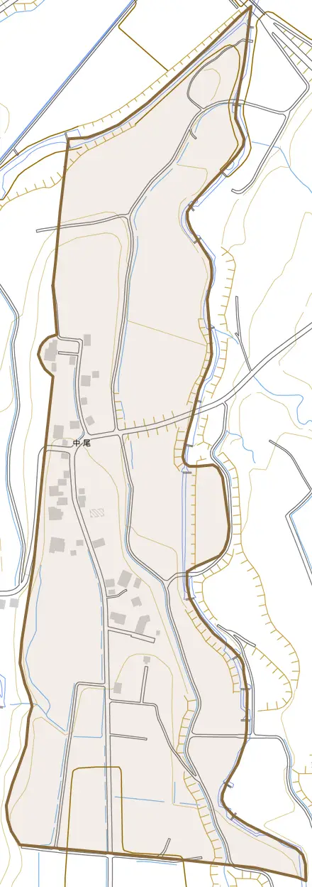 中尾とその周辺の地図。町の範囲を重ねている