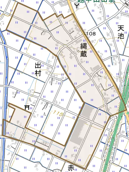 縄蔵とその周辺の地図。町の範囲を重ねている