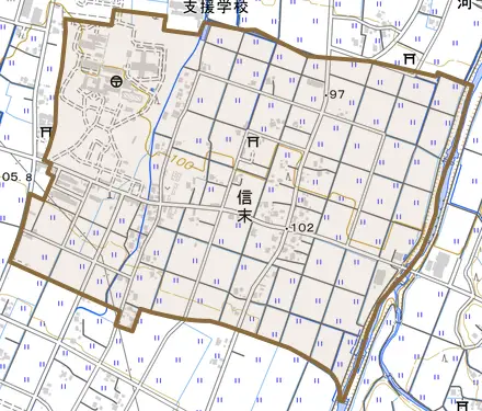 信末とその周辺の地図。町の範囲を重ねている