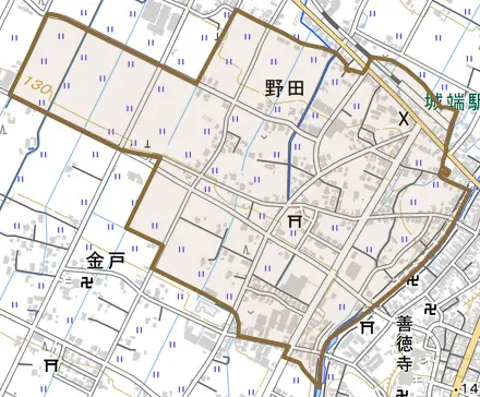 野田とその周辺の地図。町の範囲を重ねている