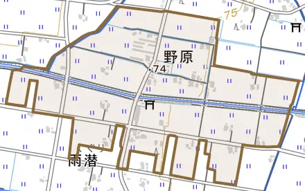 野原とその周辺の地図。町の範囲を重ねている
