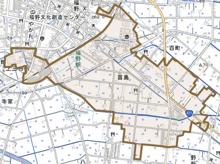 苗島とその周辺の地図。町の範囲を重ねている