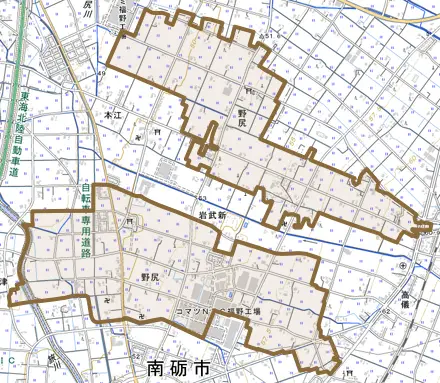 野尻とその周辺の地図。町の範囲を重ねている