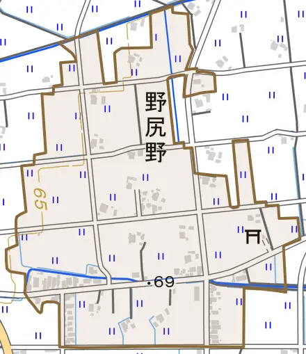 野尻野とその周辺の地図。町の範囲を重ねている