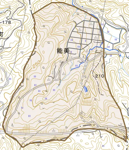 能美とその周辺の地図。町の範囲を重ねている