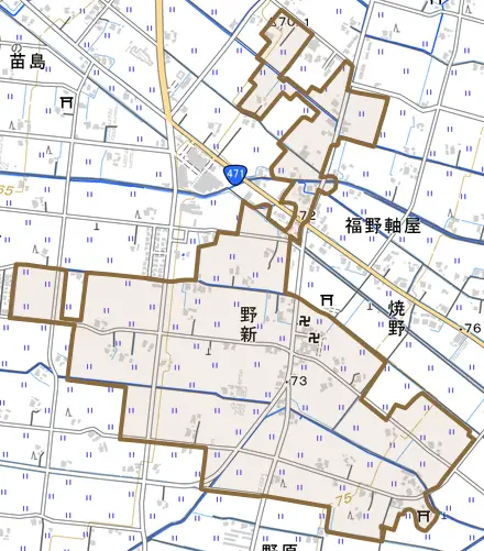 野新とその周辺の地図。町の範囲を重ねている