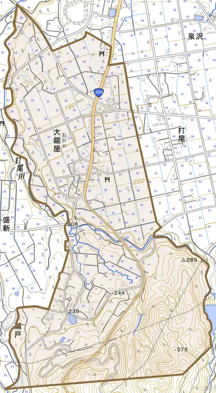 大鋸屋とその周辺の地図。町の範囲を重ねている