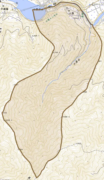 小原とその周辺の地図。町の範囲を重ねている